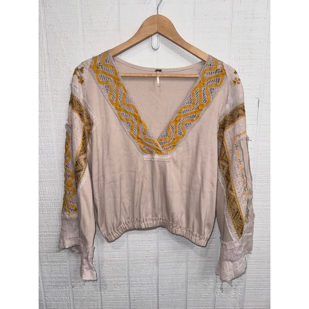 Free People Blouse Women Beige Mustard Yellow Embroidered V-Neck Bell Sleeve S